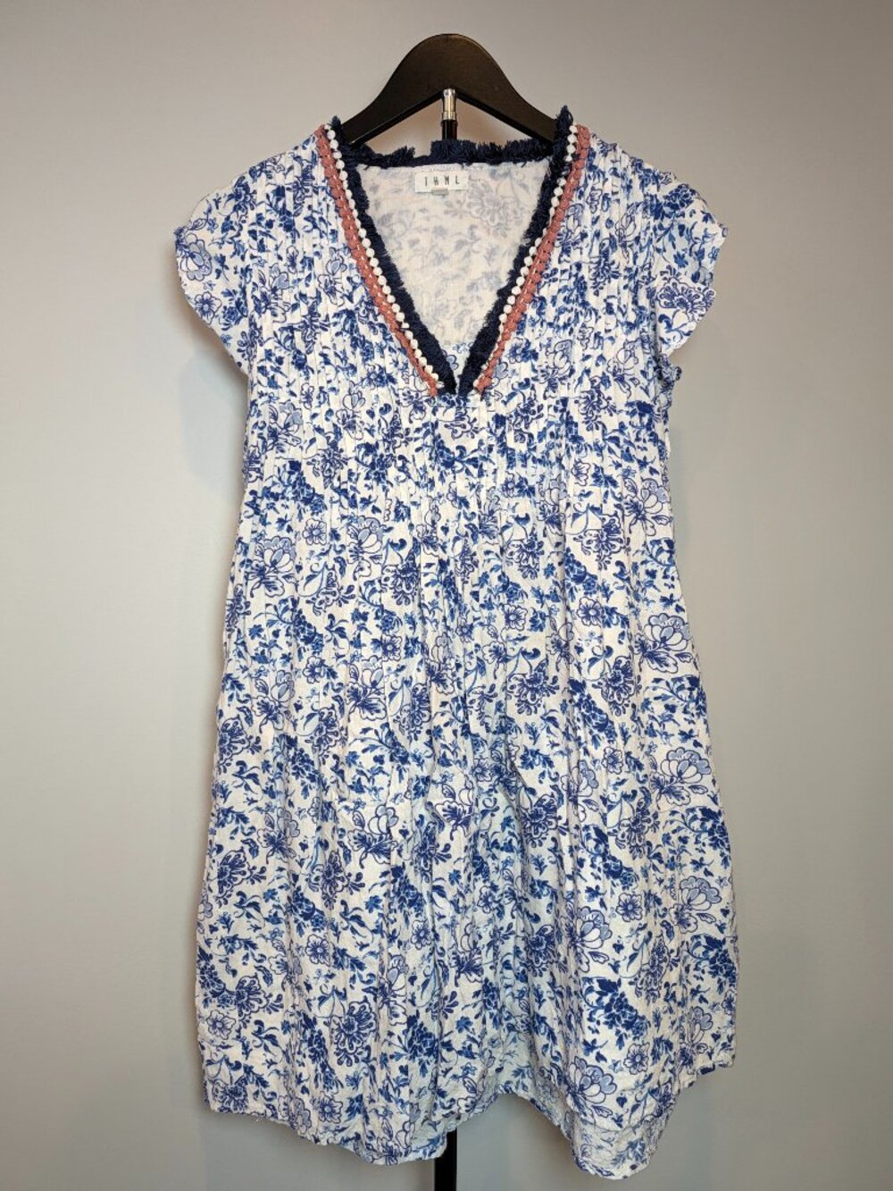 THML Women's Size S Blue Floral Nautical Coastal Shift Dress Tassel Collar